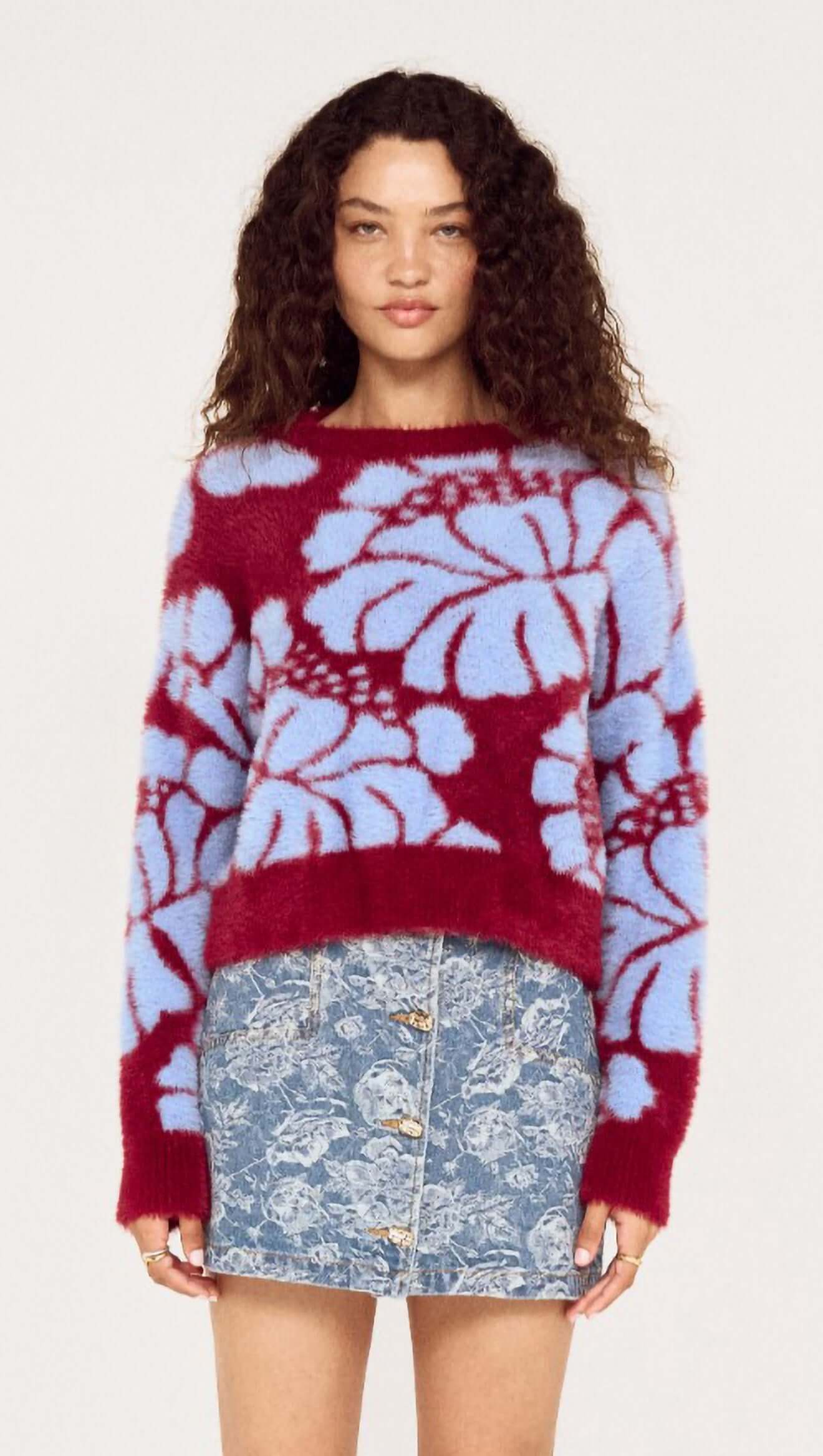 MINKPINK Amara Intarsia Knit Wine/Blue Bell Floral