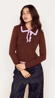 MINKPINK Rhea Ruffle Polo Knit Top Chocolate/Lilac