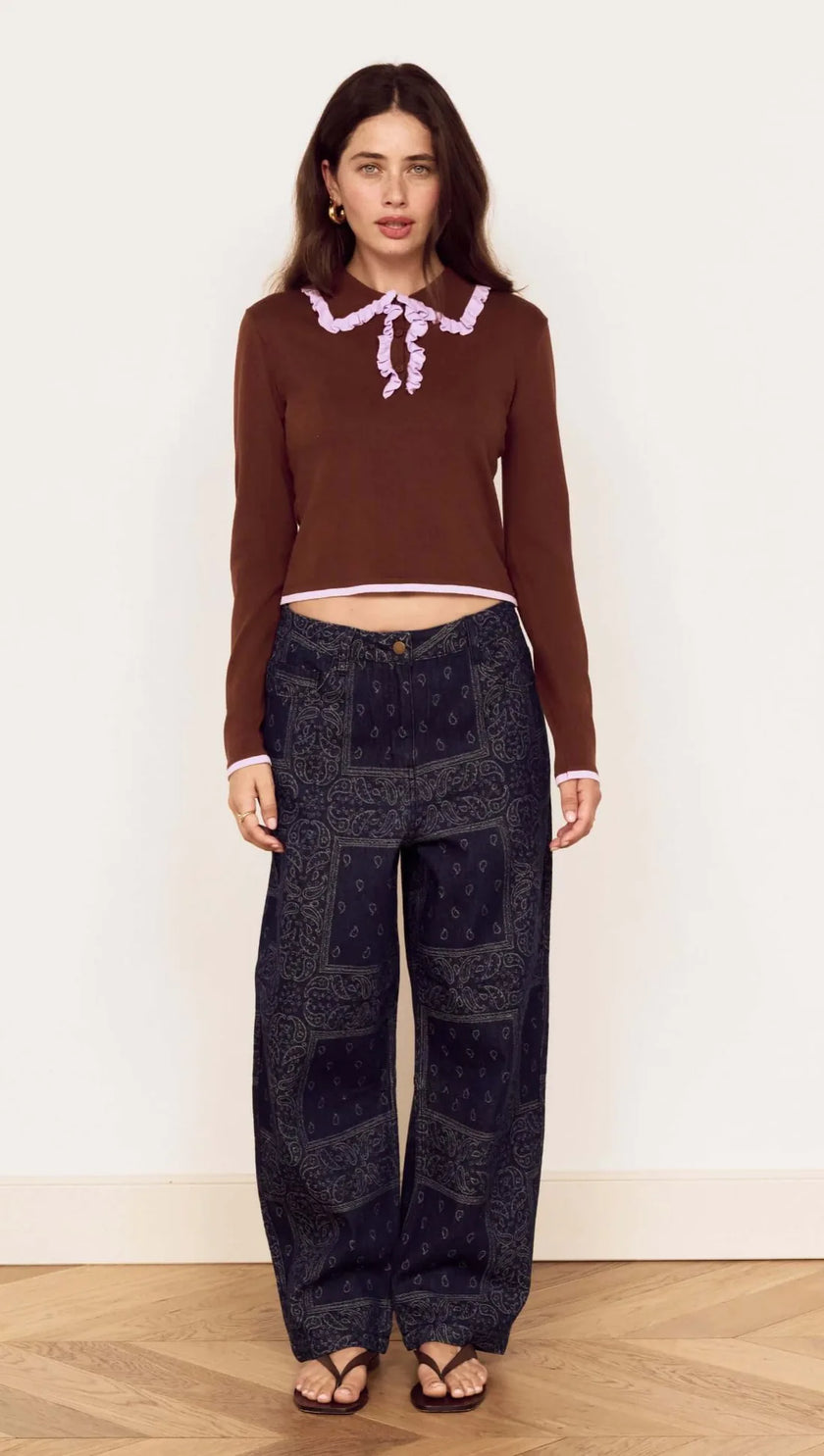 MINKPINK Rhea Ruffle Polo Knit Top Chocolate/Lilac