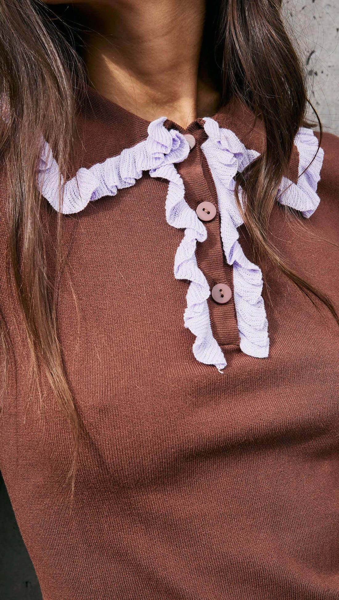 MINKPINK Rhea Ruffle Polo Knit Top Chocolate/Lilac