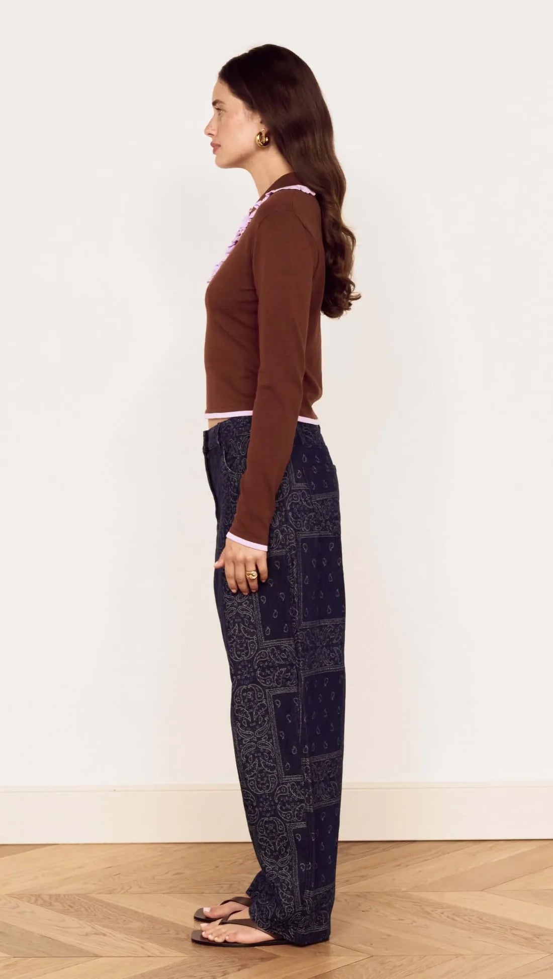 MINKPINK Rhea Ruffle Polo Knit Top Chocolate/Lilac
