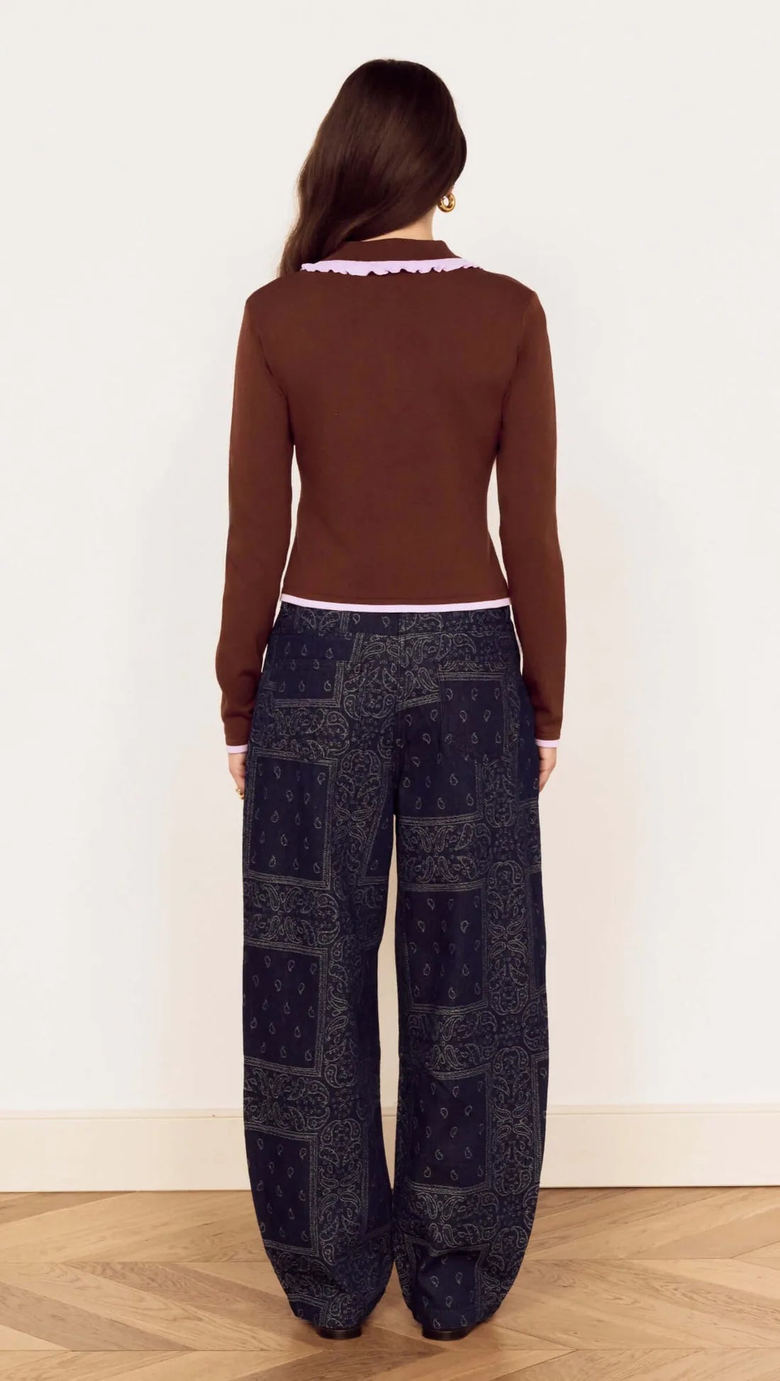MINKPINK Rhea Ruffle Polo Knit Top Chocolate/Lilac