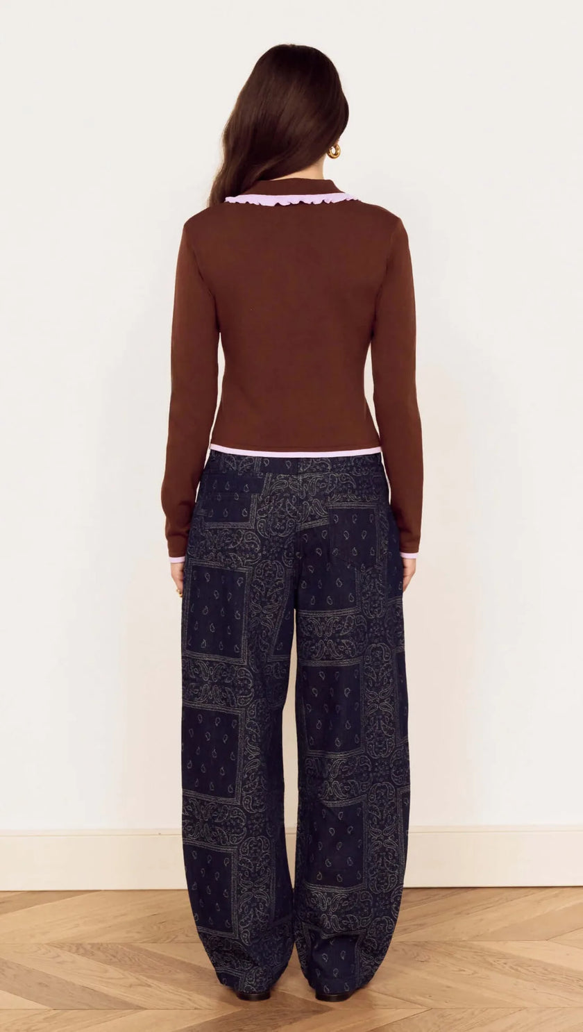 MINKPINK Rhea Ruffle Polo Knit Top Chocolate/Lilac