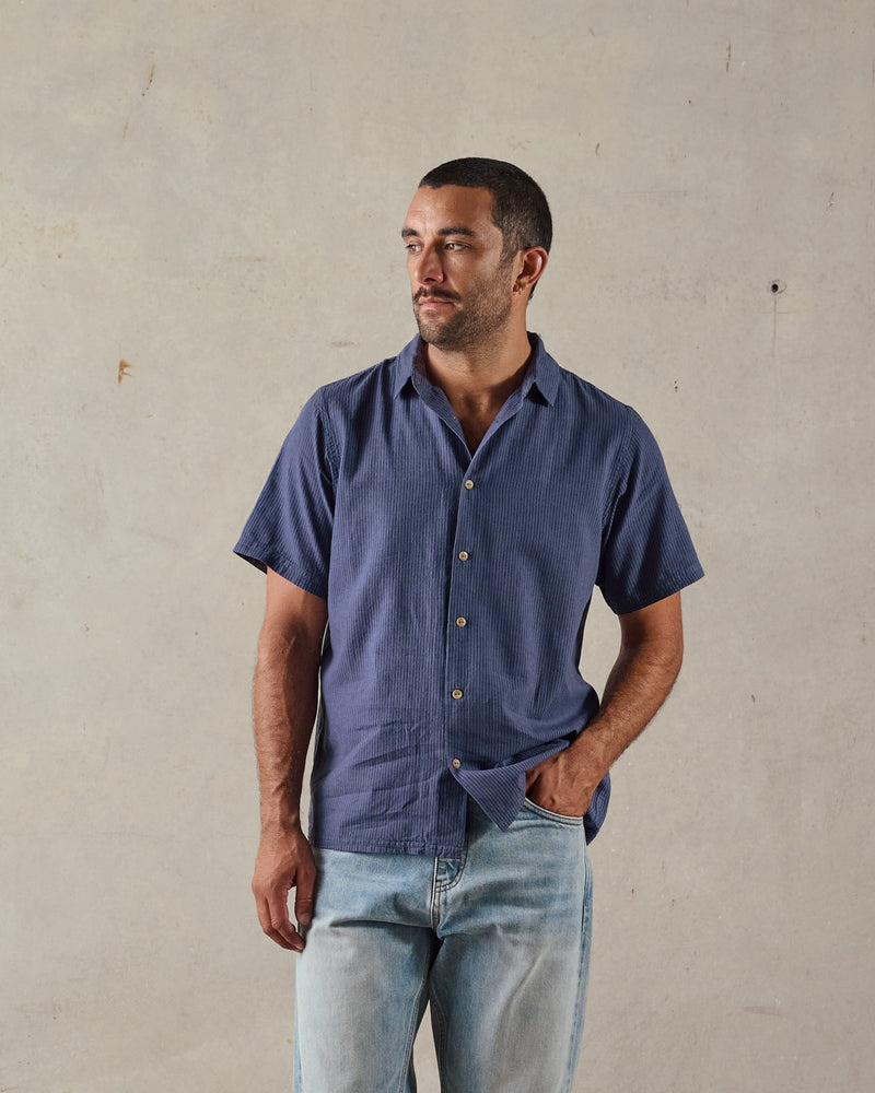 McTavish Button Up Shirt Hemp Blue Stripe