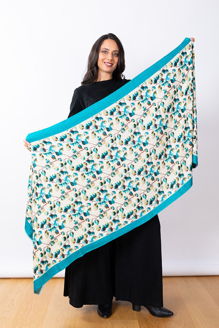 JJ Sisters MMS17 Cotton Viscose Wool Scarf Teal Flower Buds
