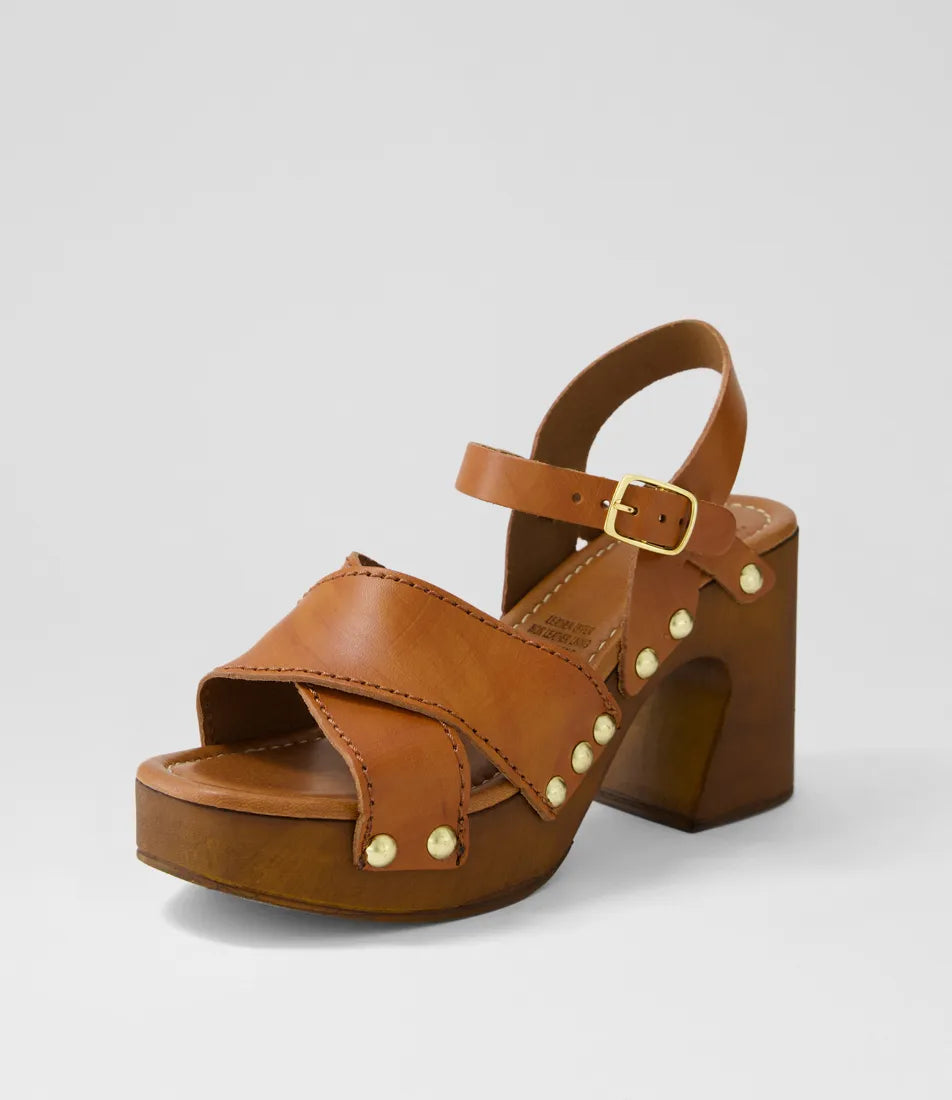Mollini Fileya Retro Clog Sandals Tan Leather
