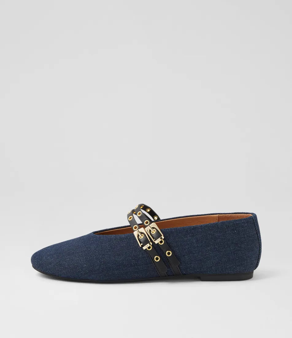 Mollini Haizell Dark Denim Fabric Black Leather