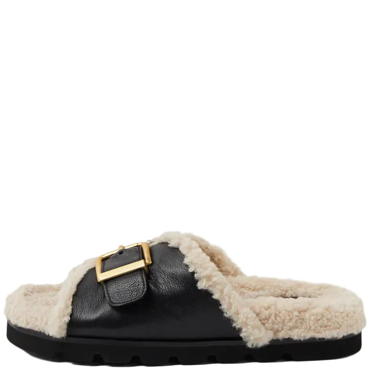 Mollini Esme Black Cream Leather Shearling Slides