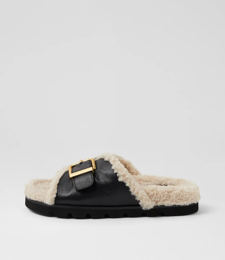 Mollini Esme Black Cream Leather Shearling Slides