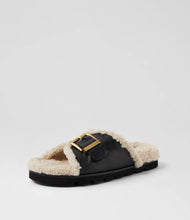 Load image into Gallery viewer, Mollini Esme Black Cream Leather Shearling Slides
