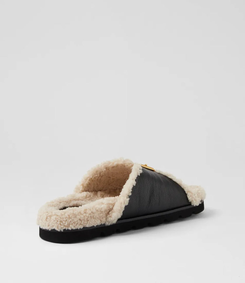 Mollini Esme Black Cream Leather Shearling Slides