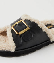 Load image into Gallery viewer, Mollini Esme Black Cream Leather Shearling Slides
