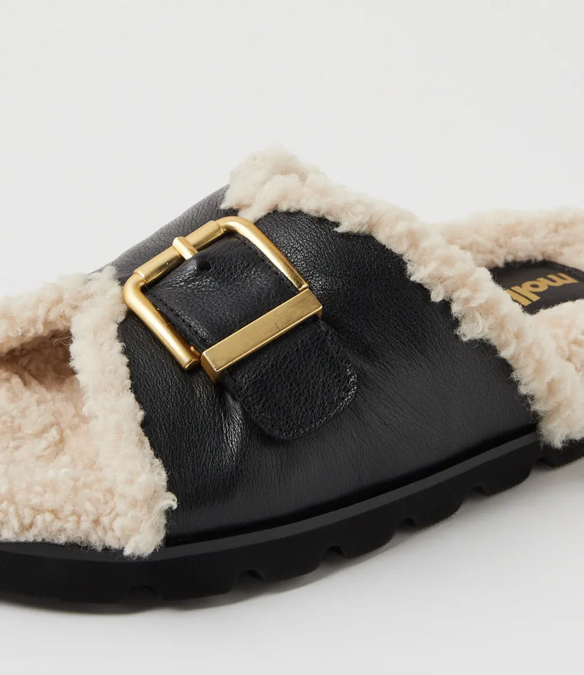Mollini Esme Black Cream Leather Shearling Slides