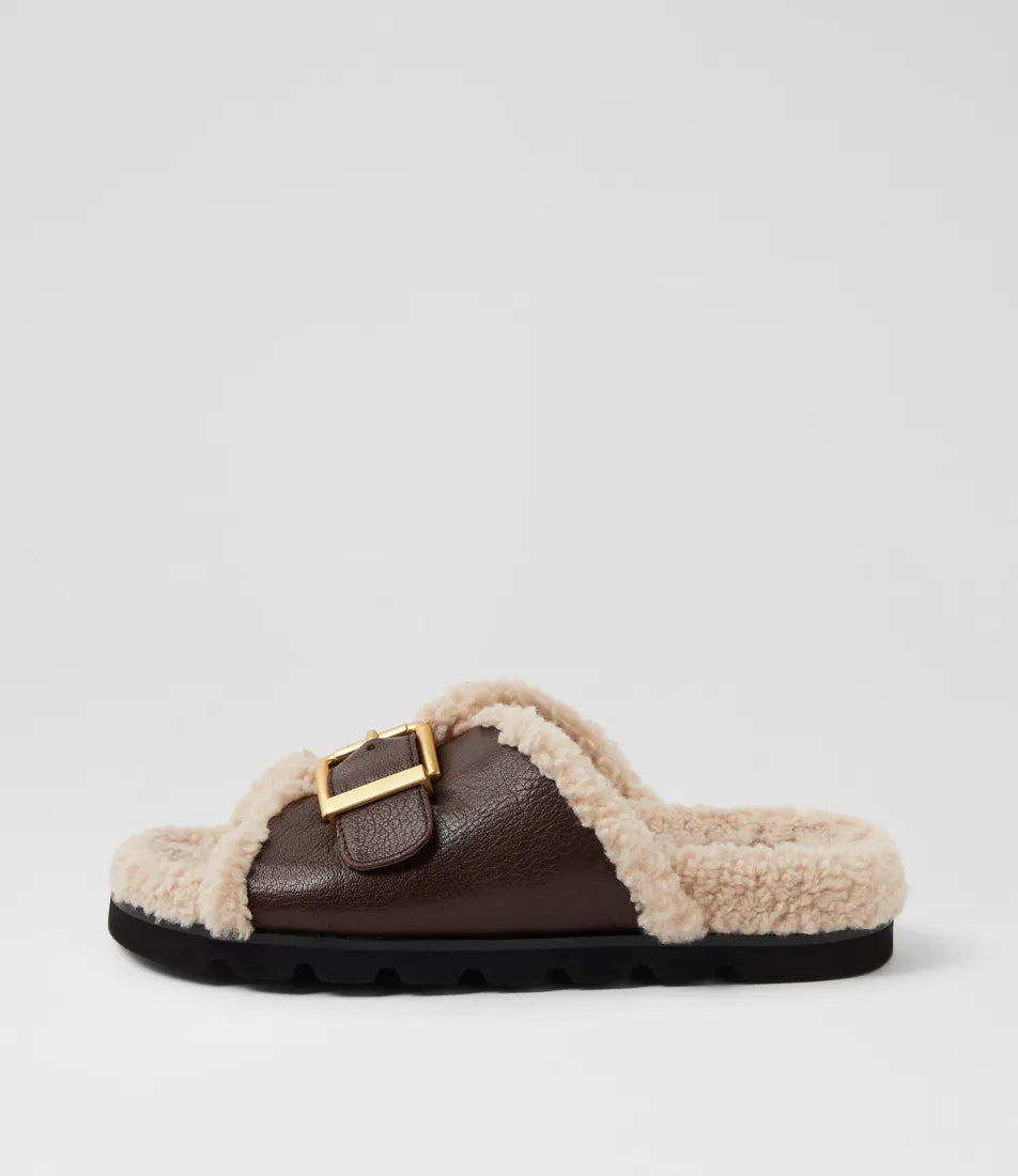 Mollini Esme Dark Brown Natural Leather Shearling Slides