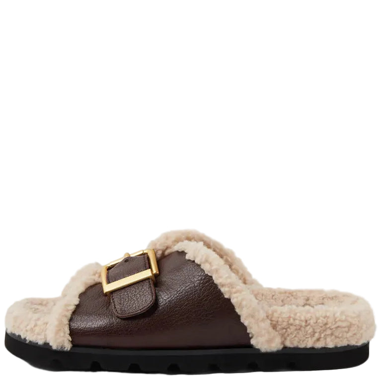 Mollini Esme Dark Brown Natural Leather Shearling Slides