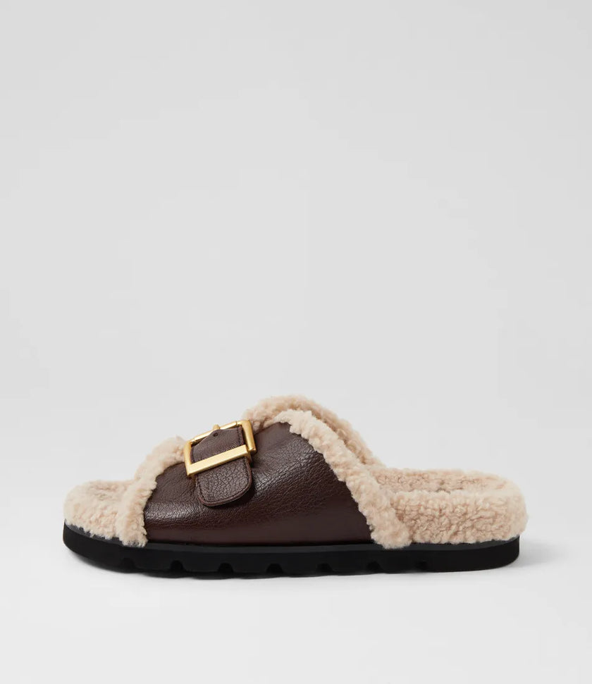 Mollini Esme Dark Brown Natural Leather Shearling Slides
