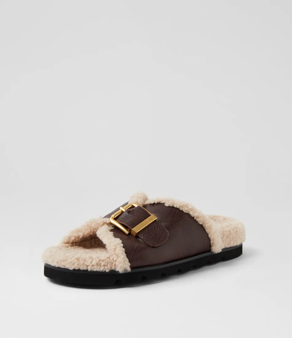 Mollini Esme Dark Brown Natural Leather Shearling Slides