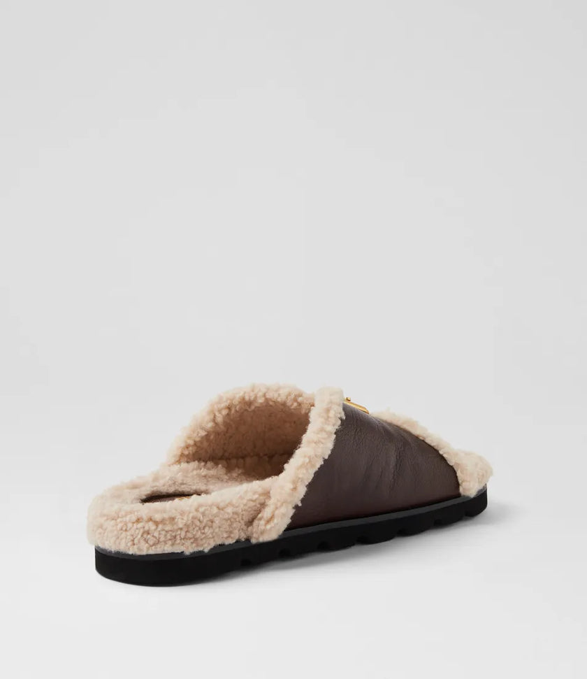 Mollini Esme Dark Brown Natural Leather Shearling Slides