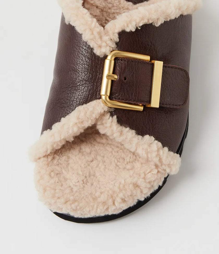 Mollini Esme Dark Brown Natural Leather Shearling Slides