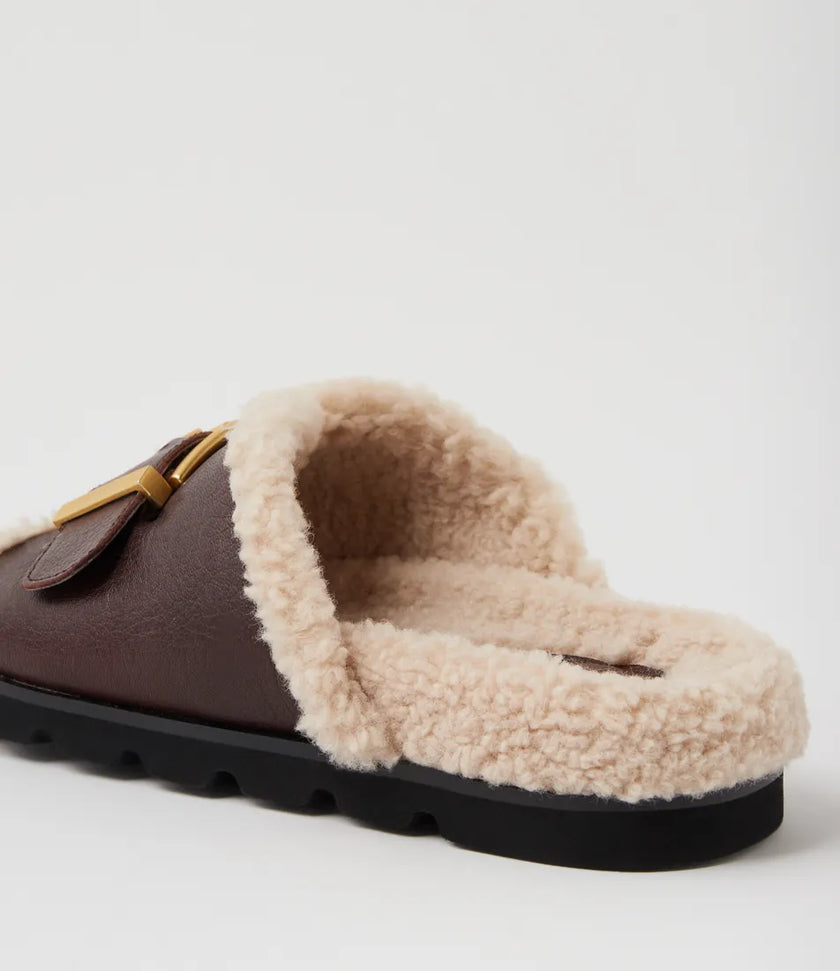 Mollini Esme Dark Brown Natural Leather Shearling Slides