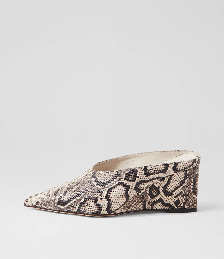 Mollini Loe Cream & Black Snake Print Leather Wedge Heel