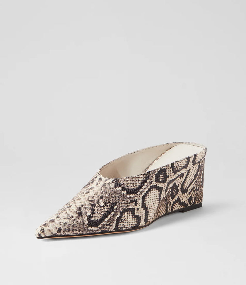 Mollini Loe Cream & Black Snake Print Leather Wedge Heel