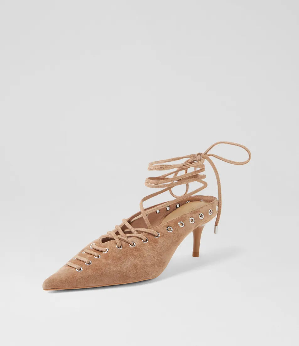 Mollini Lanni Camel Suede Lace Up Heels