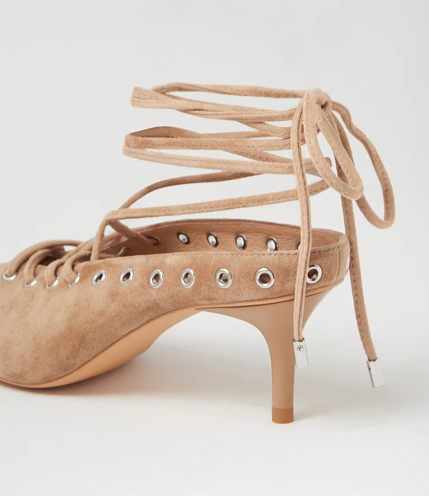 Mollini Lanni Camel Suede Lace Up Heels