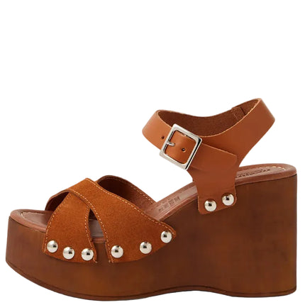 Mollini Junah Retro Clog Wedge Heels Caramello Suede/ Leather