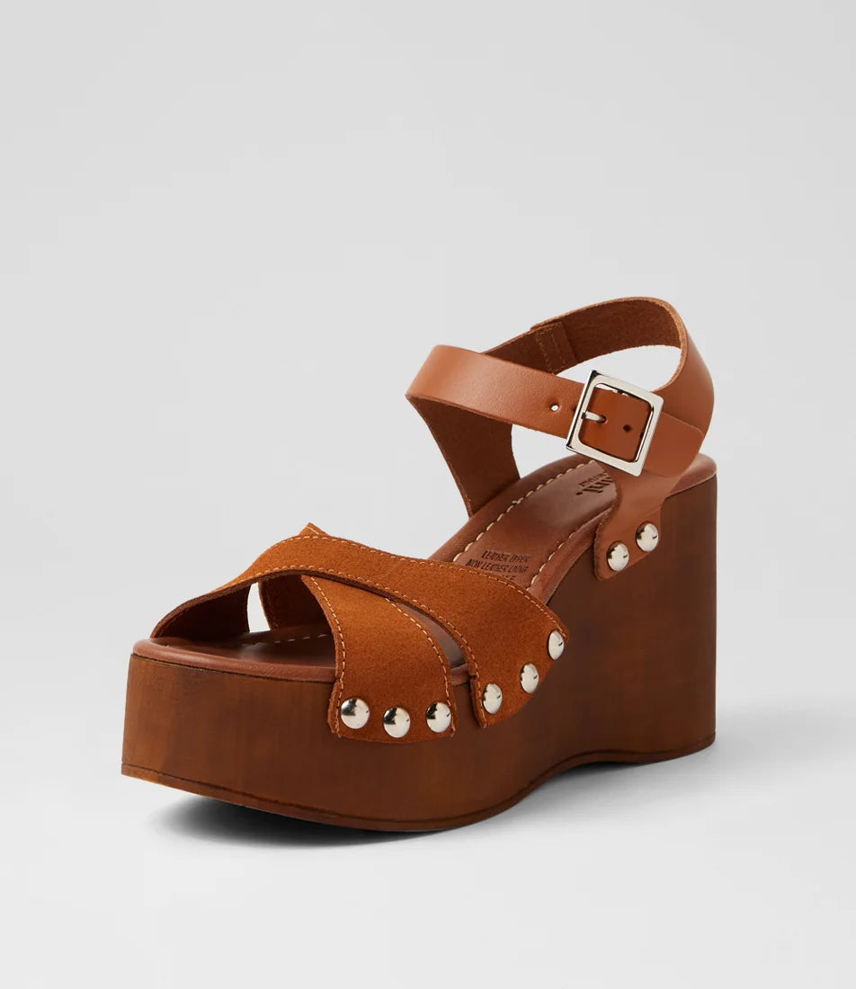 Mollini Junah Retro Clog Wedge Heels Caramello Suede/ Leather