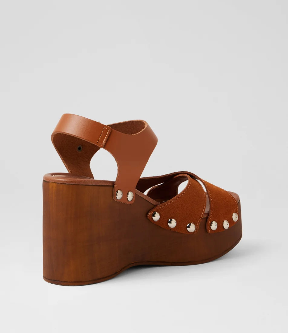 Mollini Junah Retro Clog Wedge Heels Caramello Suede/ Leather