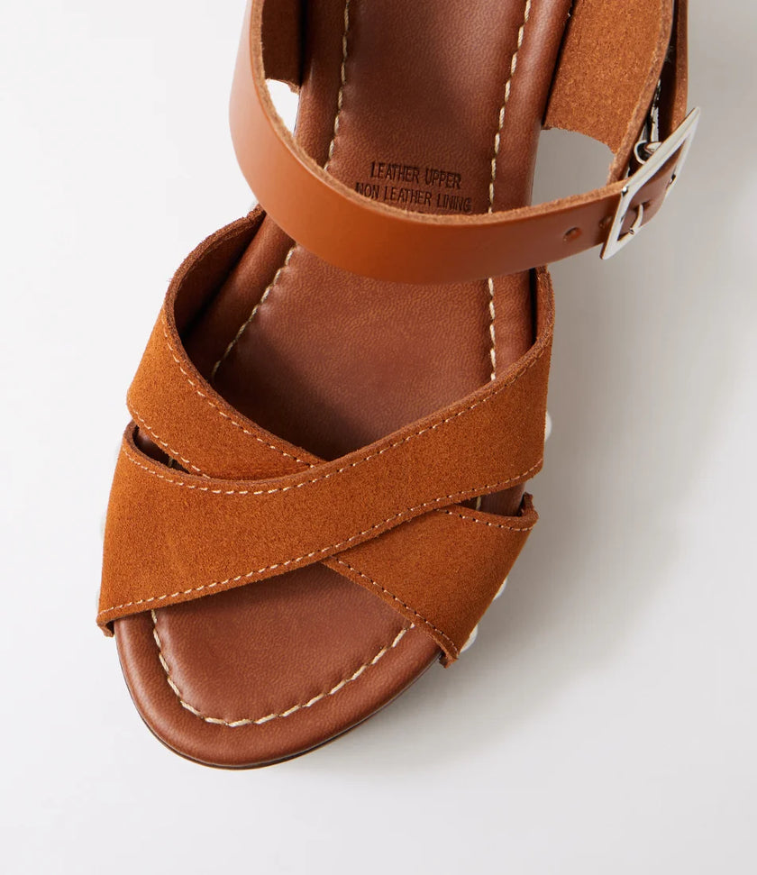 Mollini Junah Retro Clog Wedge Heels Caramello Suede/ Leather