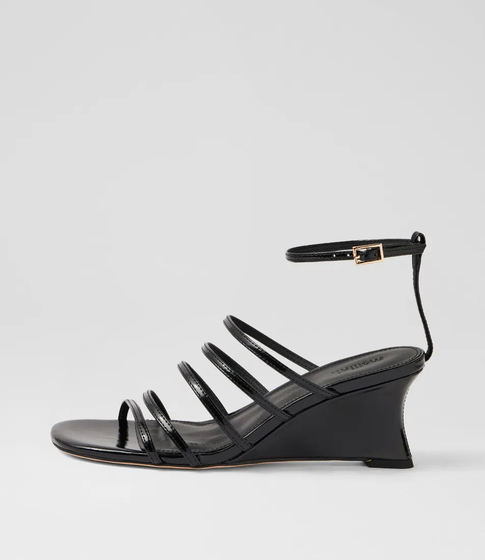 Mollini Fayte Wedge Heel Sandals Black Shine Leather