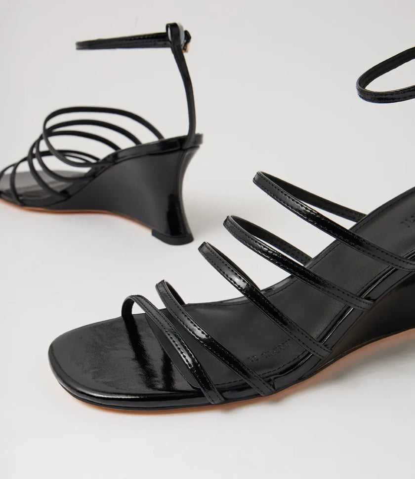 Mollini Fayte Wedge Heel Sandals Black Shine Leather