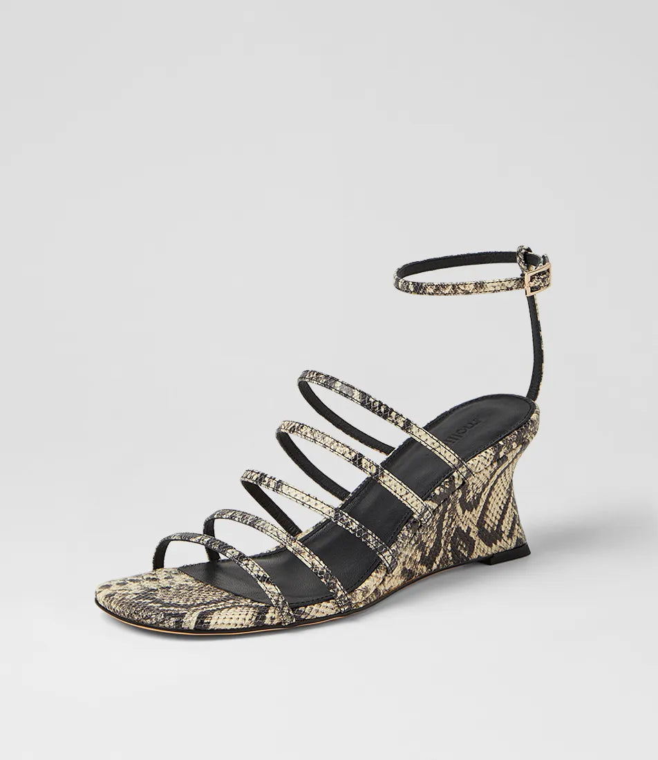 Mollini Fayte Wedge Heel Sandals Cream/Black Snake Print Leather