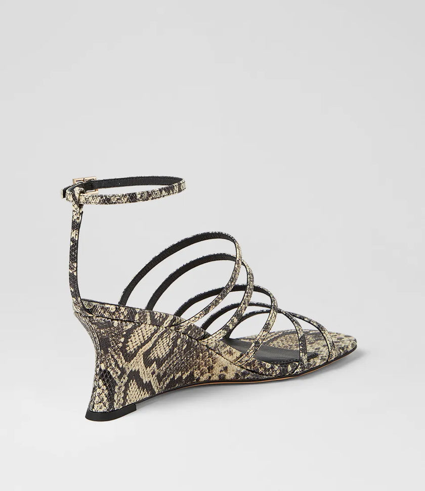 Mollini Fayte Wedge Heel Sandals Cream/Black Snake Print Leather