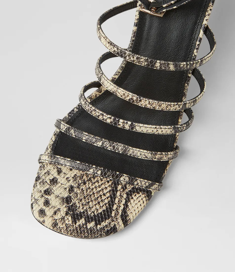Mollini Fayte Wedge Heel Sandals Cream/Black Snake Print Leather