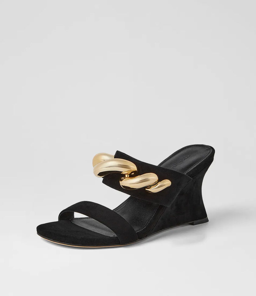 Mollini Ellsa Wedge Heels Black Suede/ Gold Hardware