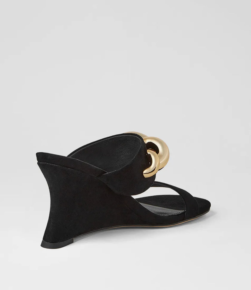 Mollini Ellsa Wedge Heels Black Suede/ Gold Hardware