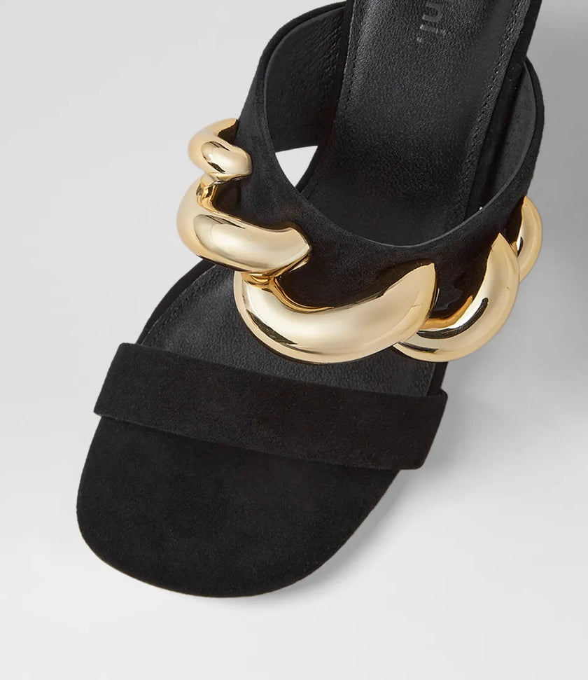 Mollini Ellsa Wedge Heels Black Suede/ Gold Hardware