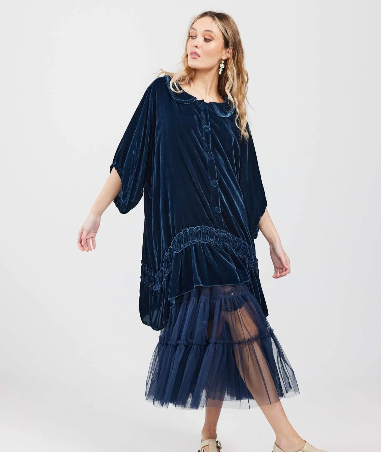 Miss Rose Sister Violet Florentine Velvet Coat Dress Midnight Blue