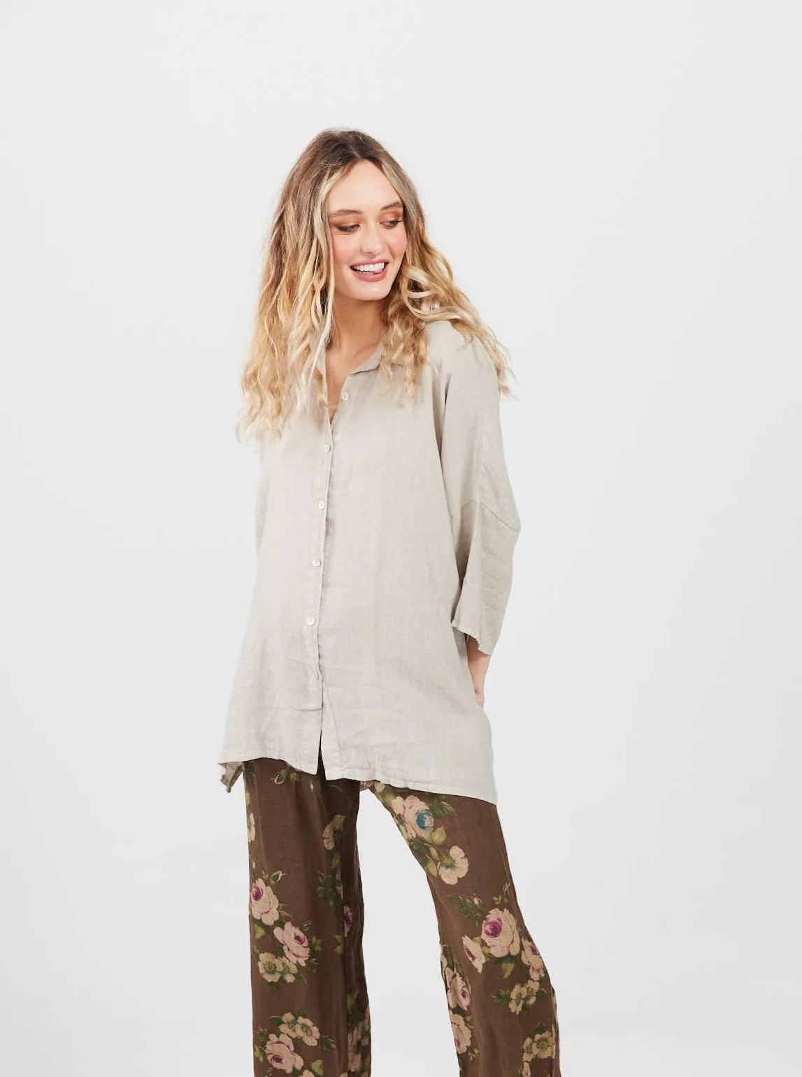 Miss Rose Sister Violet Teddie Linen Shirt Stone