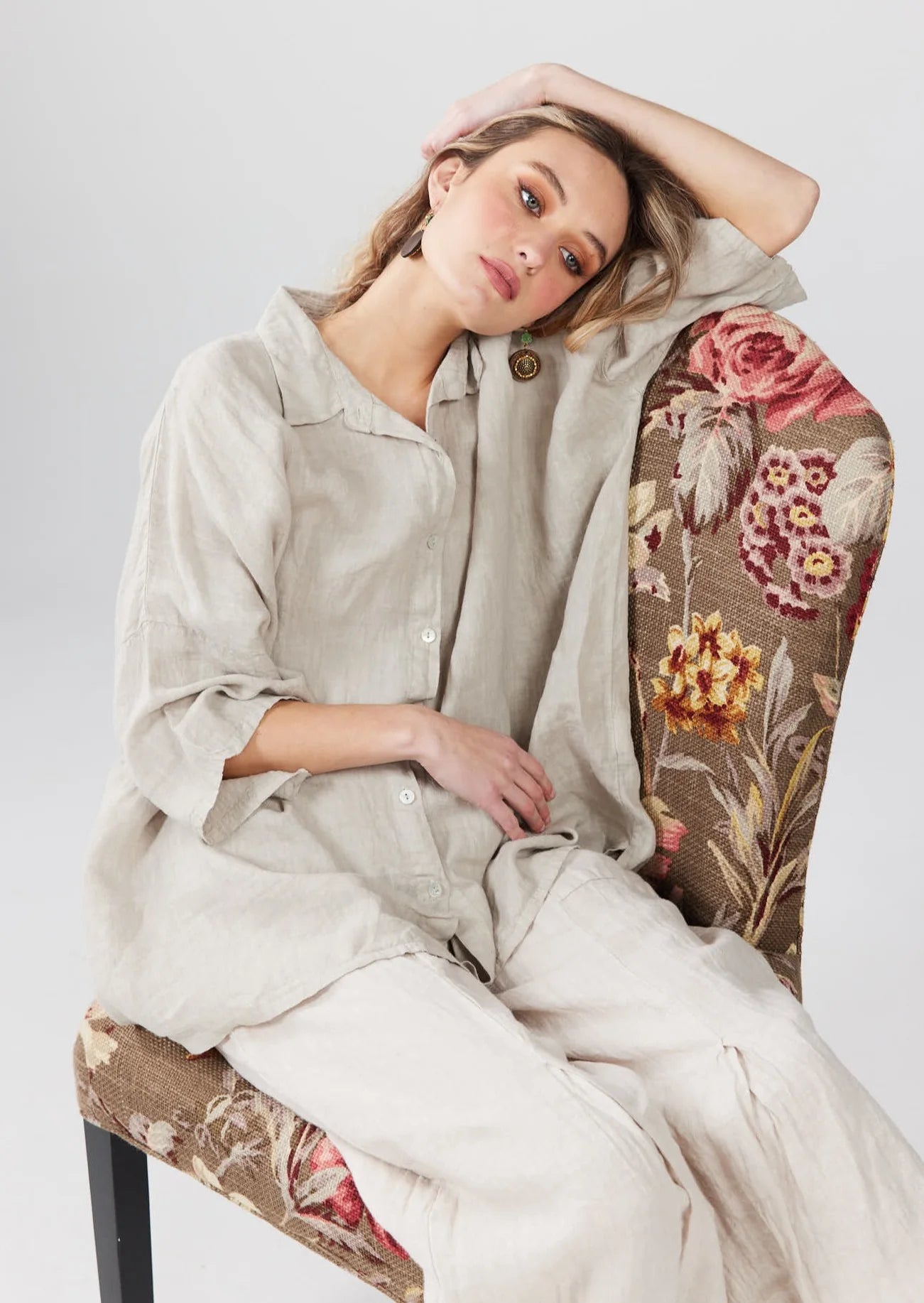 Miss Rose Sister Violet Teddie Linen Shirt Stone