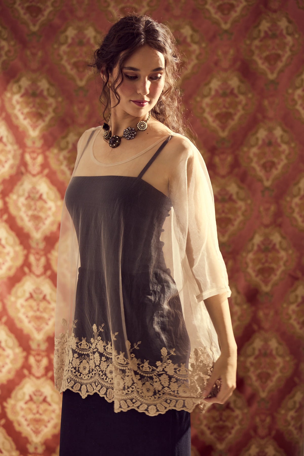 Miss Rose Sister Violet Chantilly Lace Edged Top Champagne