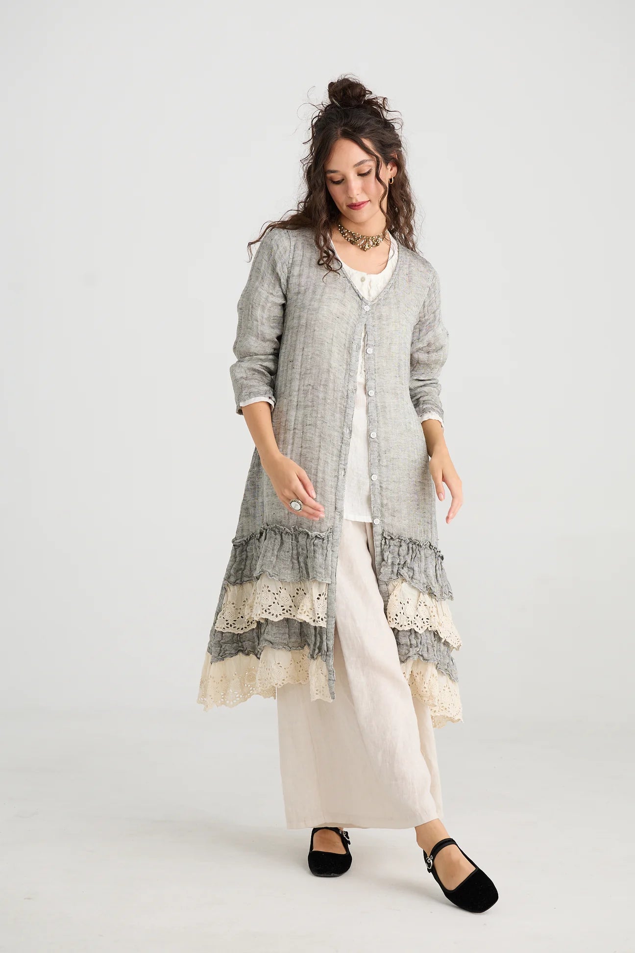 Miss Rose Sister Violet Florette Ruffle Coat Mist Grey