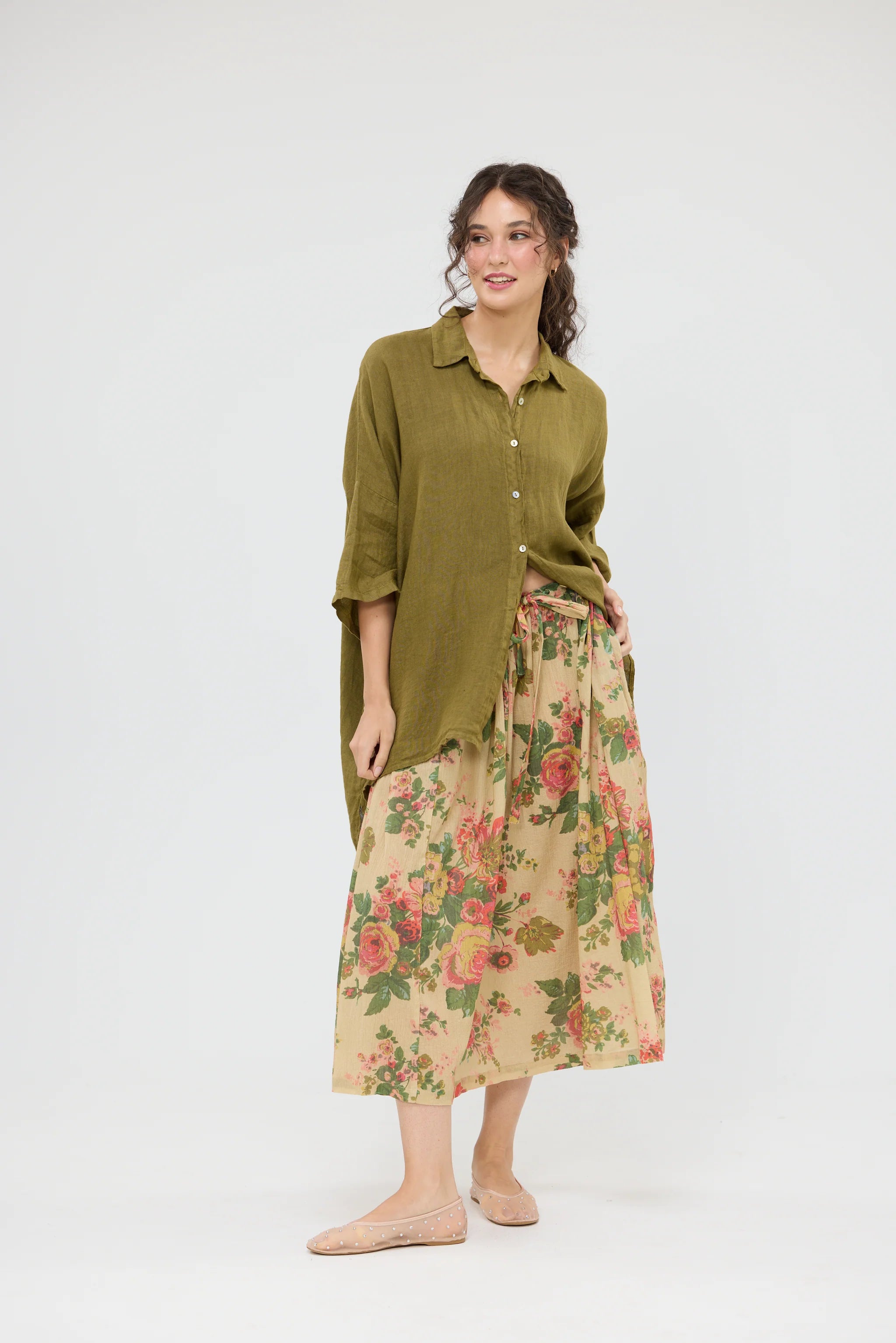 Miss Rose Sister Violet Teddie Linen Shirt Olive