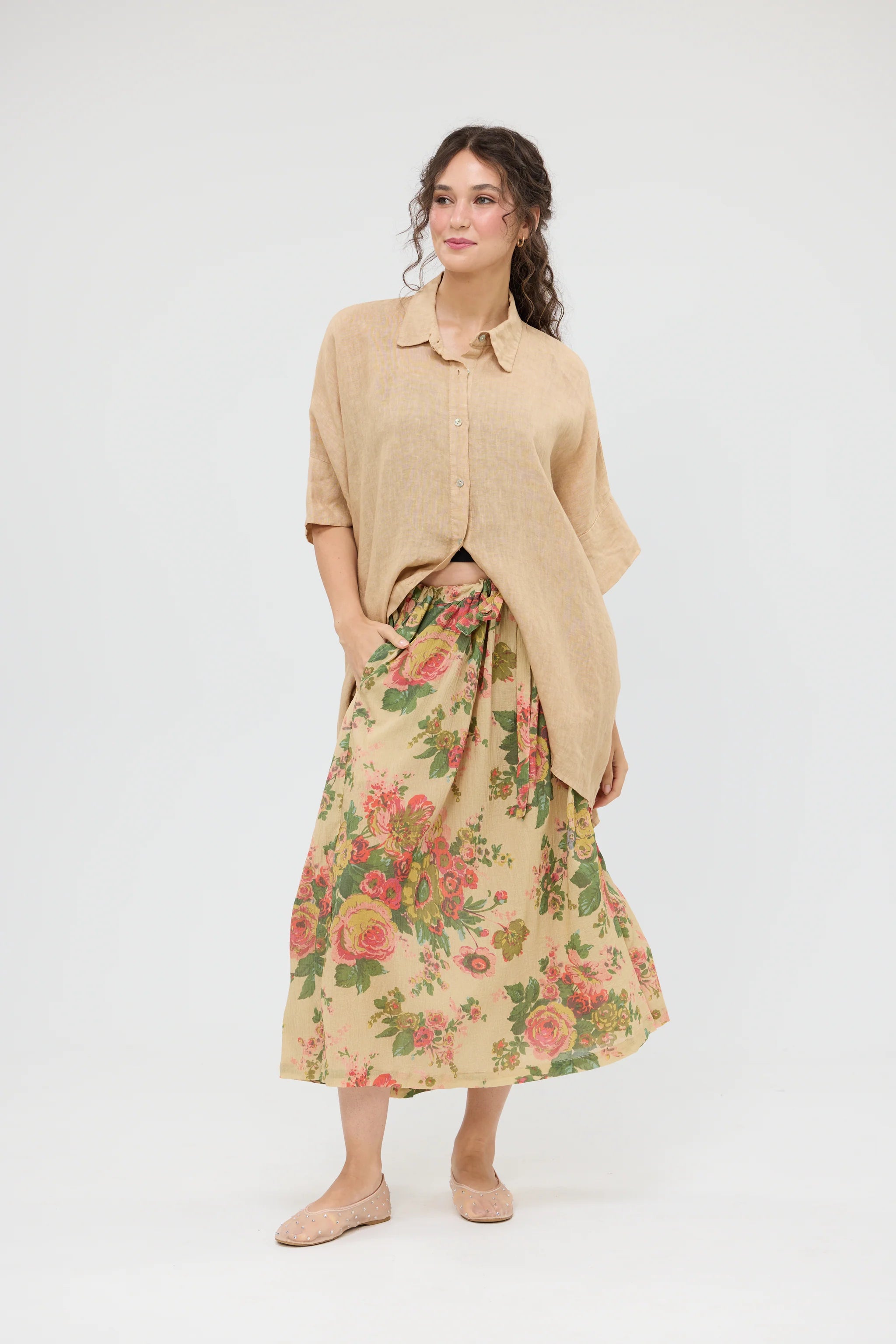 Miss Rose Sister Violet Teddie Linen Shirt Caramel