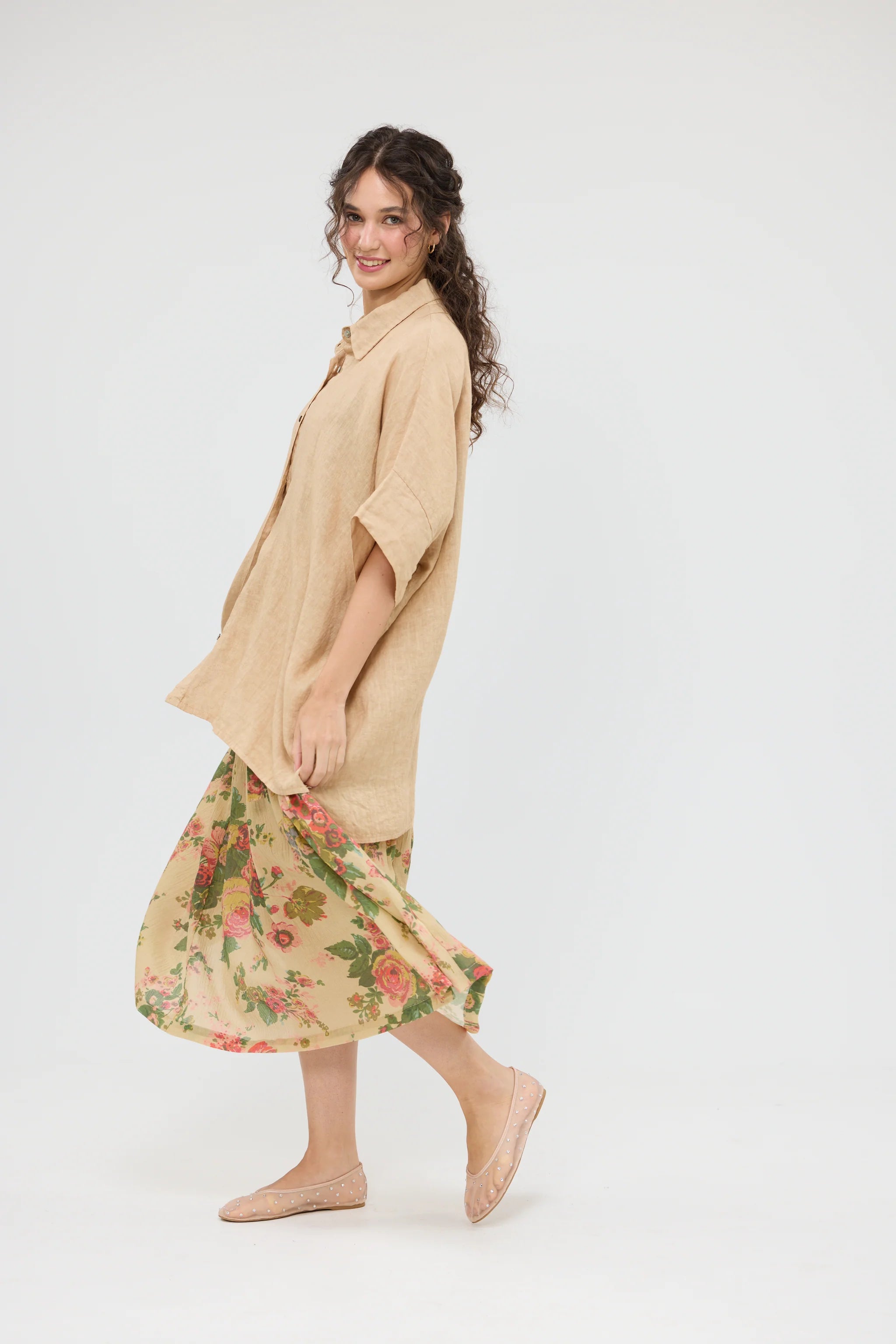 Miss Rose Sister Violet Teddie Linen Shirt Caramel