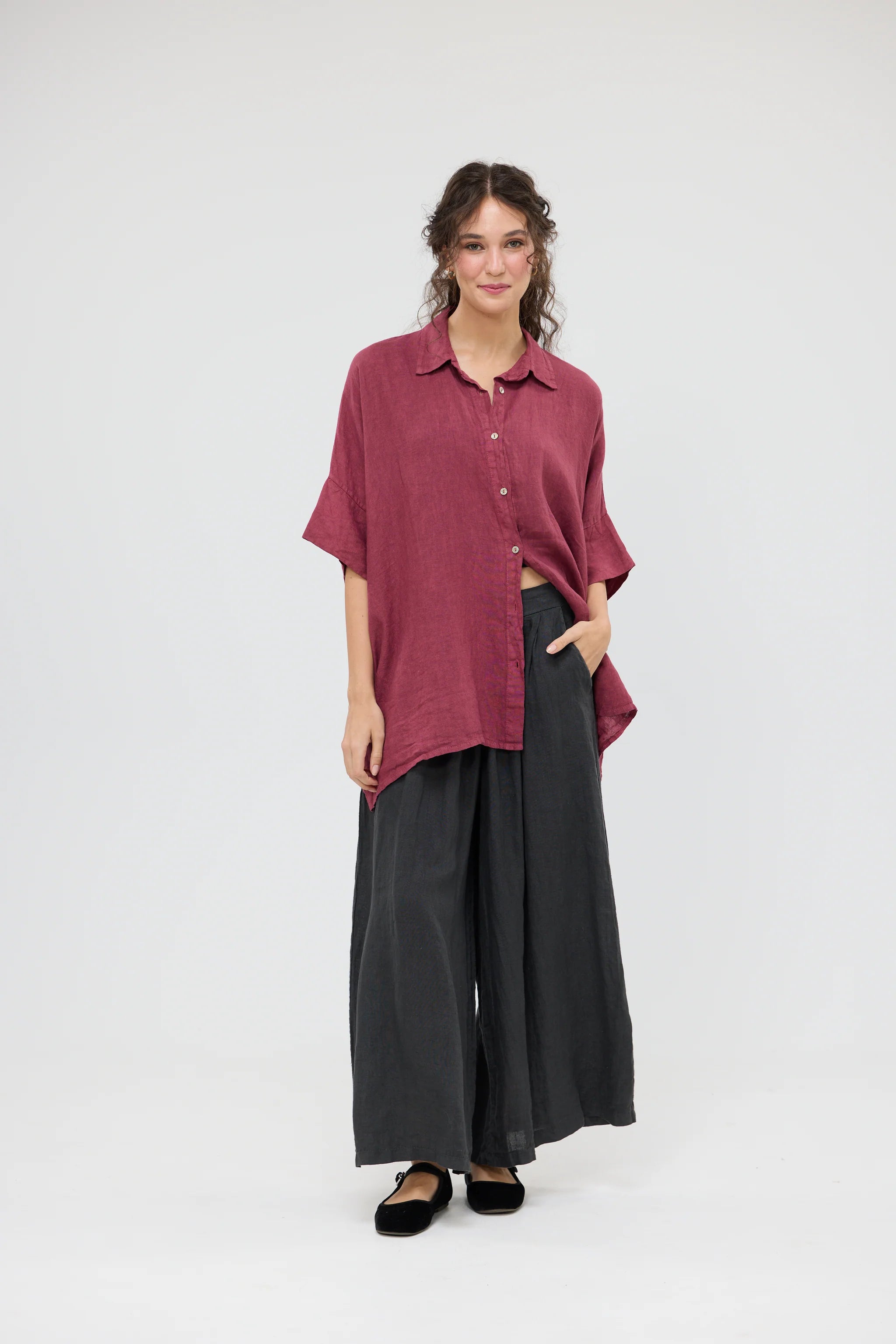 Miss Rose Sister Violet Teddie Linen Shirt Berry
