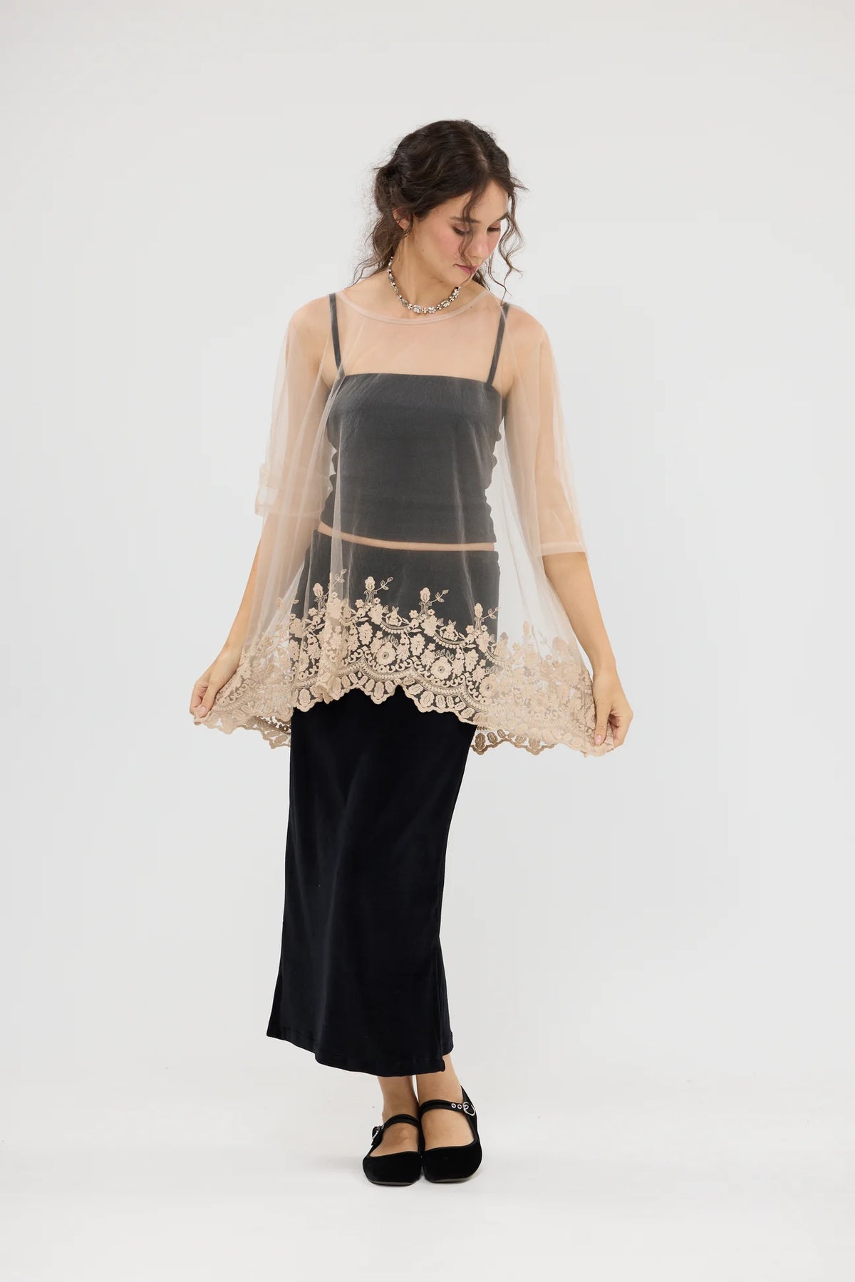 Miss Rose Sister Violet Chantilly Lace Edged Top Champagne